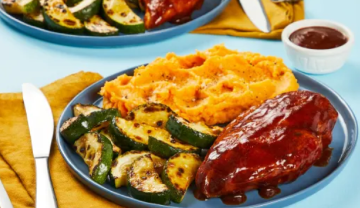 TANGY MUSTARD BBQ CHICKEN WITH ZUCCHINI AND CHIPOTLE MASHED SWEET POTATOES Recipe