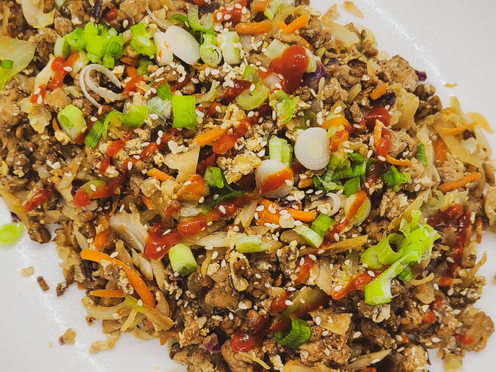 keto egg roll in a bowl recipe with cabbage and pork