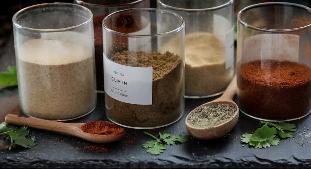 Gluten Free Bulk Taco Mix Recipe Spices in glass jars